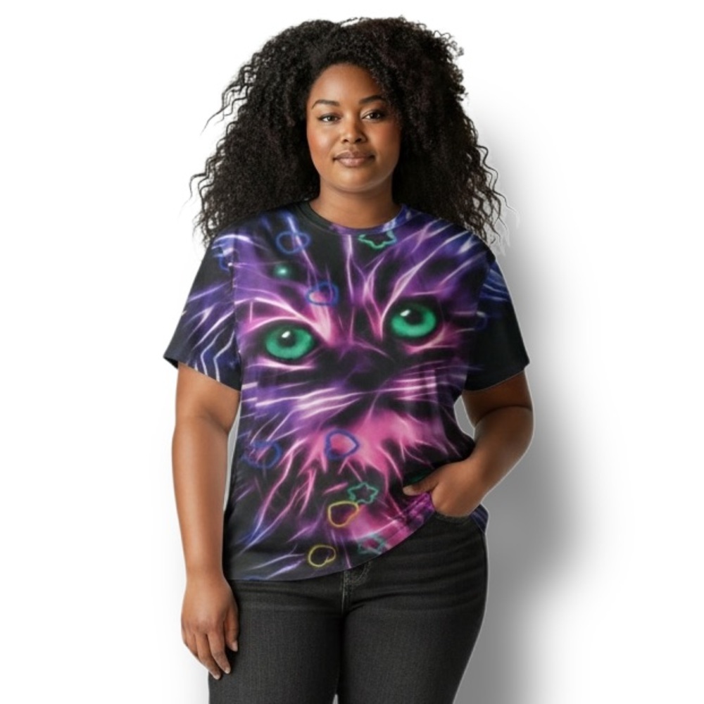 Cosmic Cat Women’s Green Eyes Hearts and Stars AOP Graphic Tee Weirdcore 4XL